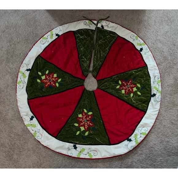 50" Poinsettia Velvet Sateen Pierced Quilted Embroidered Christmas Tree Skirt - Picture 2 of 12